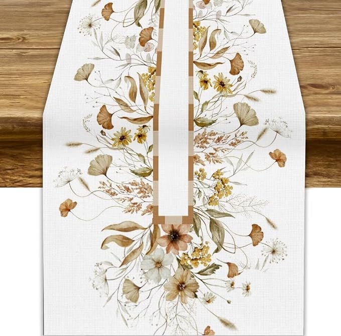 Autumn Wildflower Table Runner, Fall Yellow Flowers Leaves Thanksgiving Table by JanJCurt