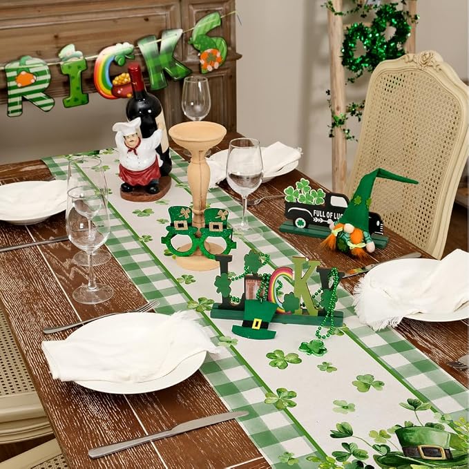 GEEORY St. Patrick's Day Table Runner 13 x 108 Inch, Shamrocks Plaid Mason Jar - Image 4