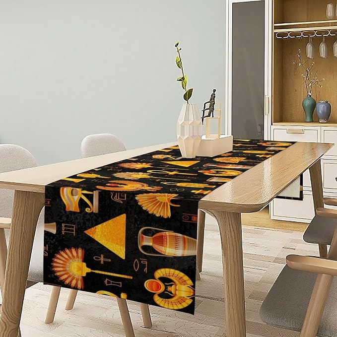 Egyptian Table Runner, Retro Egypt Mural Old Hieroglyphic Elements Ancient - Image 3