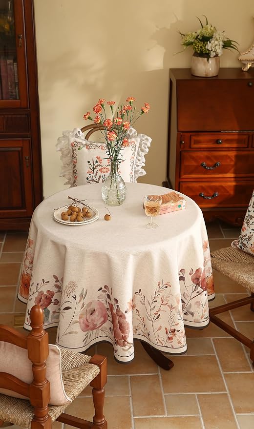 French Linen Small Round Tablecloth, Vintage Pink - Image 3
