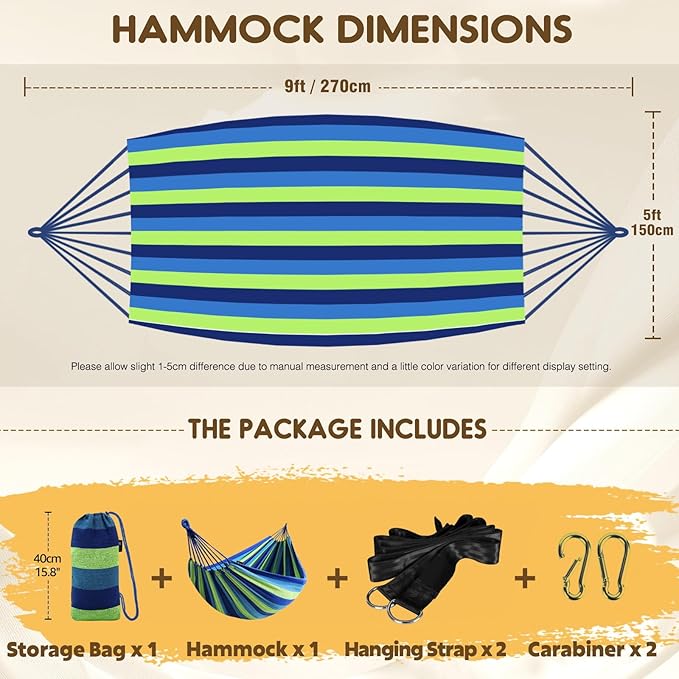 Hammock in Green Cotton with 660 lb Capacity and 106 x 59 Inch Size