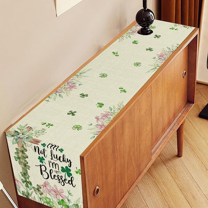 Cross Clover Table Runner, Rustic Beige Pink Floral Green Shamrock St.Patrick's - Image 2