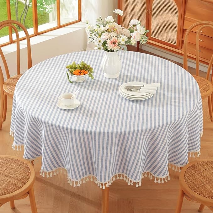 TruDelve 70 Inch Round Tablecloth Blue and White Striped Cloth Tablecloths by TruDelve