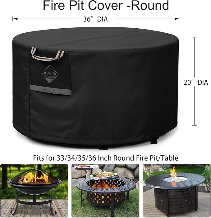 QH.HOME Fire Pit Cover Round, 100% Waterproof, 600D Strong Tear Resistant - Image 2