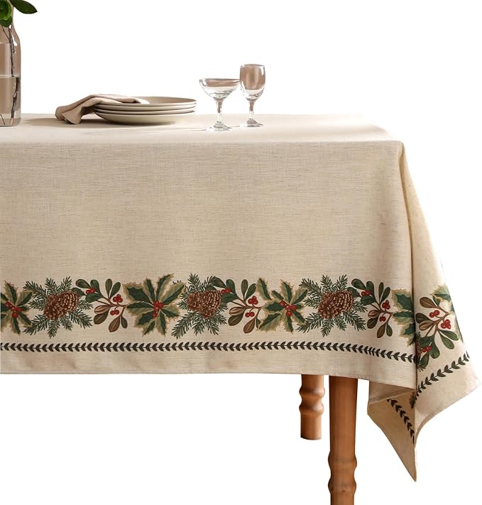 ISAENNE Designer Christmas Linen Extra Long Rectangle Tablecloth, Light Beige by Isaennehomedecoration