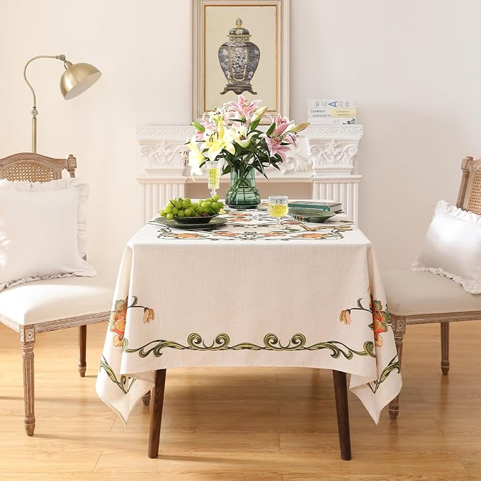 patdrea Designer Linen Square Tablecloth, Vintage French Floral Tablecloths - Image 3
