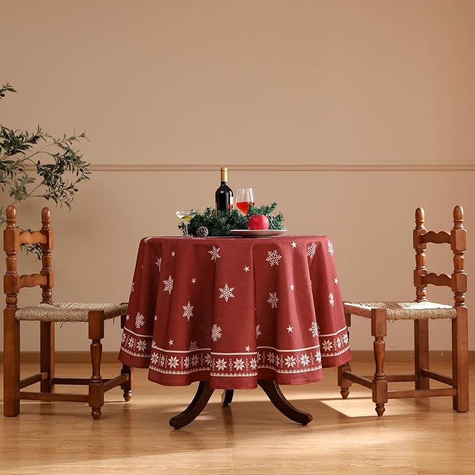 ISAENNE Designer Christmas Red Small Round Tablecloth, Linen Table Cloth - Image 2