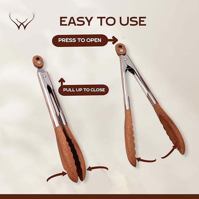 Kitchen Tongs in Walnut Wood for Grilling and Cooking, 0.4 lb