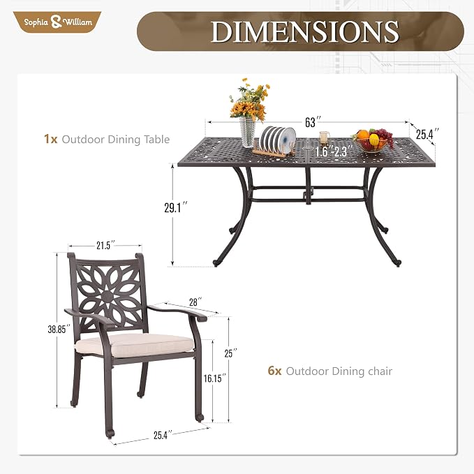 Sophia & William 7 Pieces Cast Aluminium Patio Dining Furniture Set - Image 6