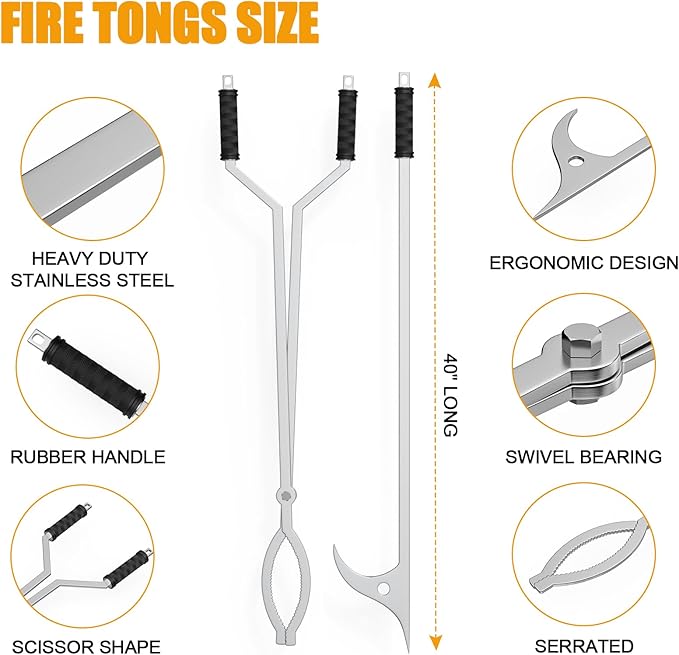 Fire Tongs 40 Inch Stainless Steel Log Grabber for Indoor and Outdoor Fires