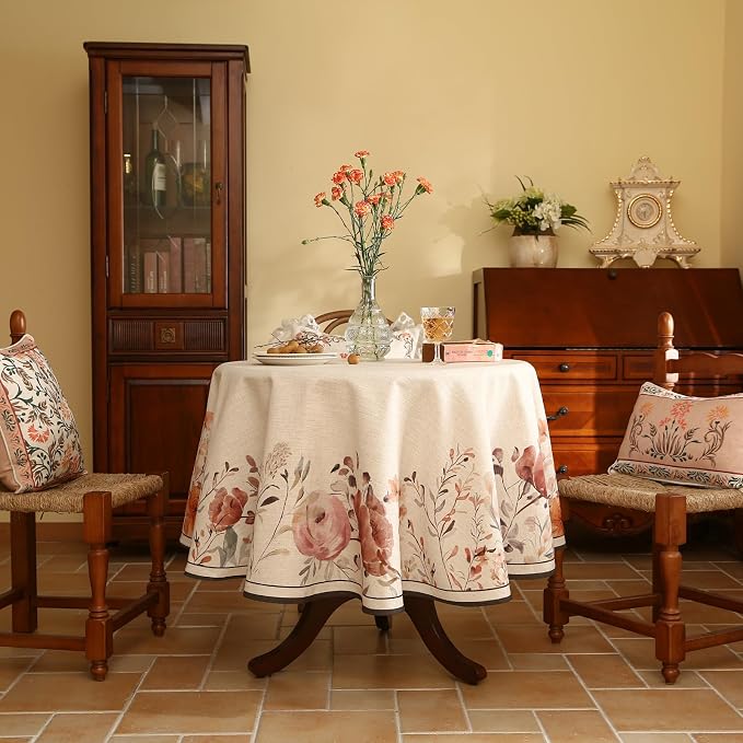 French Linen Small Round Tablecloth, Vintage Pink - Image 2
