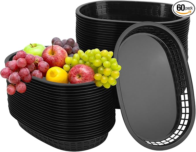60 Pack Black Fast Food Baskets, 10.6 x 6.7 Inch Oval Black Plastic Food Baskets by KUKLIPJIM