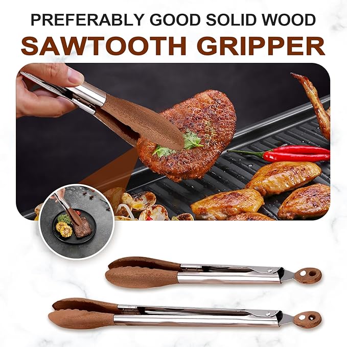 Kitchen Tongs 2 Pack, 13-Inch Walnut Wood and Stainless Steel with Lock