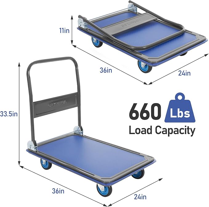 Olympia Tools Foldable Push Cart Dolly - 600 Lb. Capacity Heavy Duty Platform - Image 3