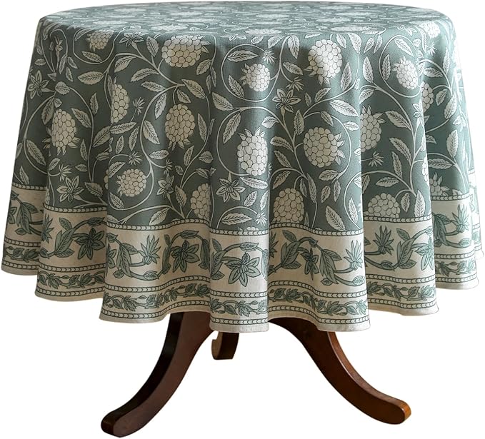 ISAENNE Designer Grayish Green Linen Small Round Tablecloth, Floral Stain by Isaennehomedecoration