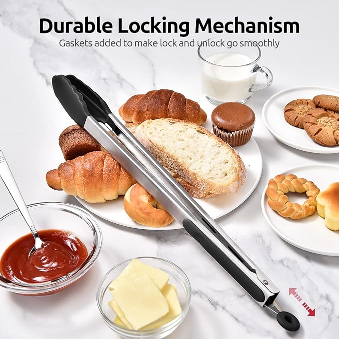 Tongs 16-Inch Black Stainless Steel with Silicone Tips and Locking Tab