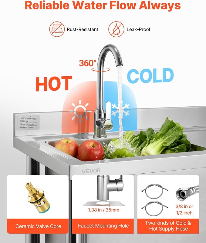 VEVOR Stainless Steel Utility Sink, Free Standing Single Bowl Commercial - Image 4
