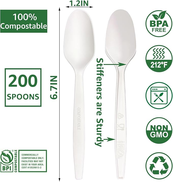 MISISIPI 200Count 100% Compostable Spoons Biodegradable Spoon HeavyDuty No - Image 3