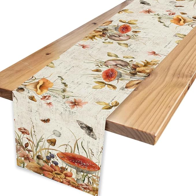 Mushroom Table Runner, Rustic Farmhouse Wildfloral Fall Autumn Leaves - Image 4