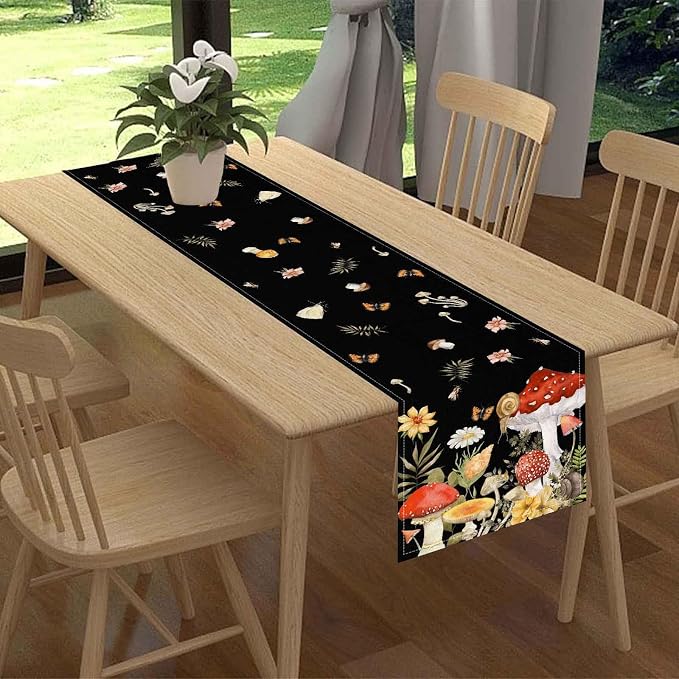 Mushroom Table Runner, Rustic Farmhouse Forest PlantsBotanical Wildfloral - Image 2