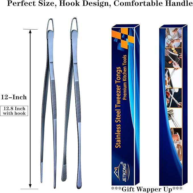 Tongs 2-Pack 12-Inch Stainless Steel Kitchen Tweezers, Navy Blue