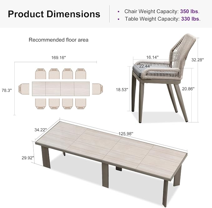 PURPLE LEAF 11 Pieces Patio Dining Set Aluminum Rectangular Table and Wicker - Image 9