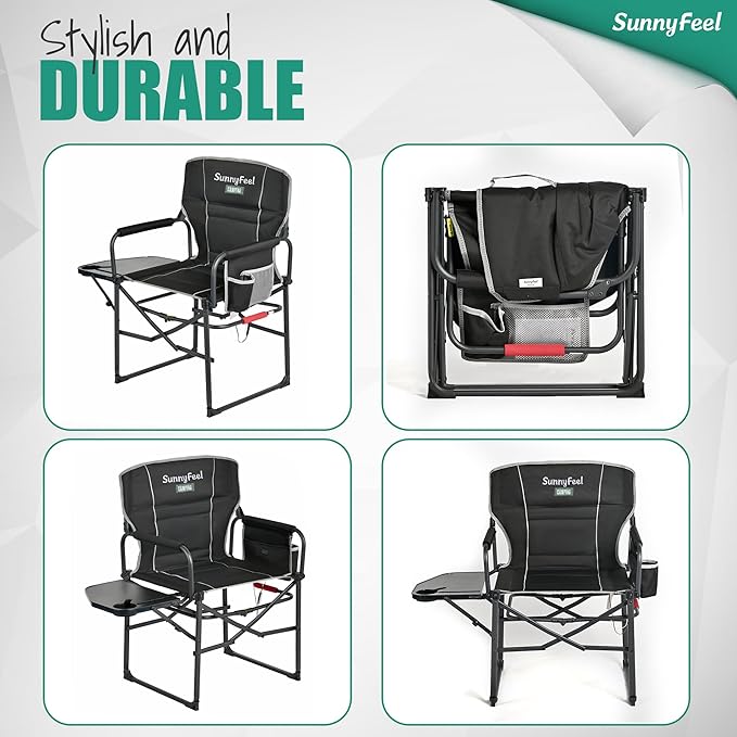 Camping Chair with Heated Seat, Side Table and Storage Pockets, Black
