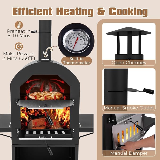 HAPPYGRILL Outdoor Wood Fired Pizza Oven w/Firewood Storage, Side Shelves - Image 4