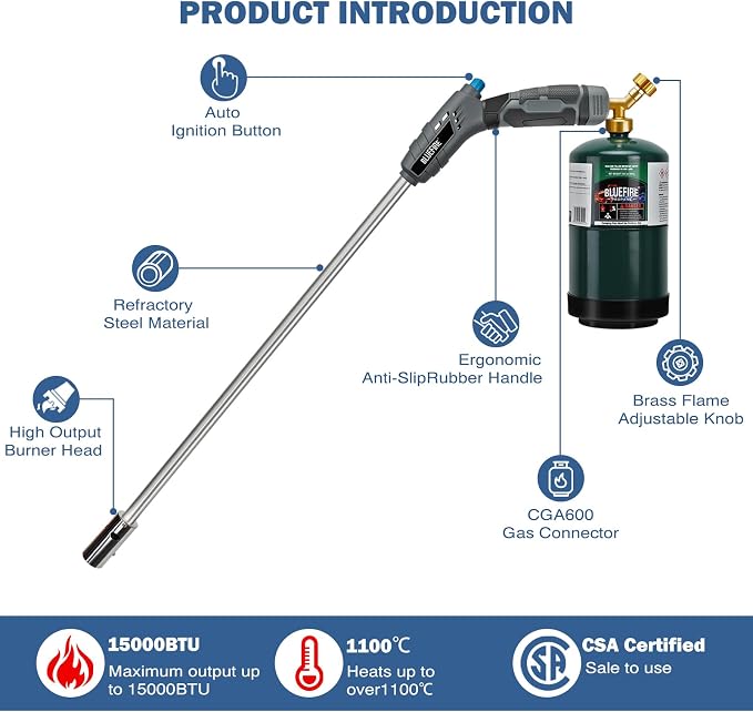 BLUEFIRE 32" Propane Weed Torch, Lightweight Flamethrower - Image 2