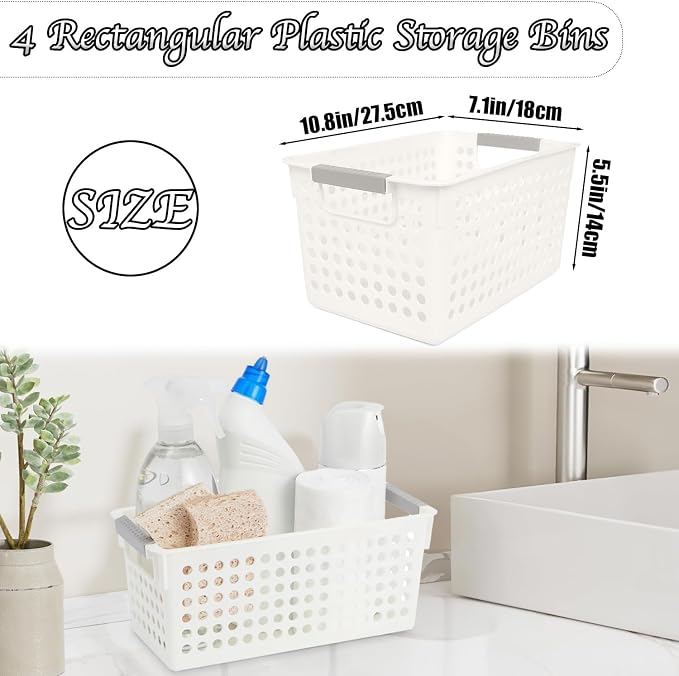 Plastic Storage Baskets, 4 Pack Narrow Organizing Baskets White Storage Bins - Image 2