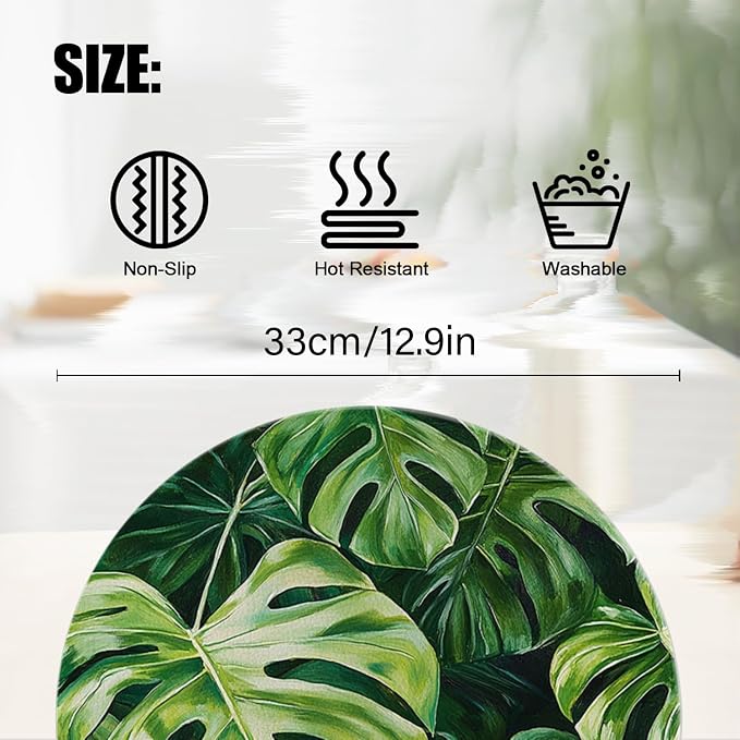 Faux Leather Placemats Set of 4, Tropical Green Leaves Ding Table Round - Image 2