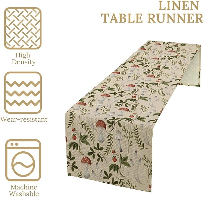 Mushroom Table Runner, Vintage Rustic Boho Botanical Plant Print Tablerunner - Image 5