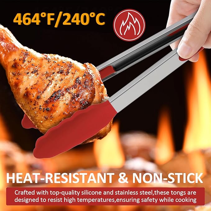 Tongs Set, 9 Pieces in 7, 9 and 12 Inch Sizes with Silicone Tips