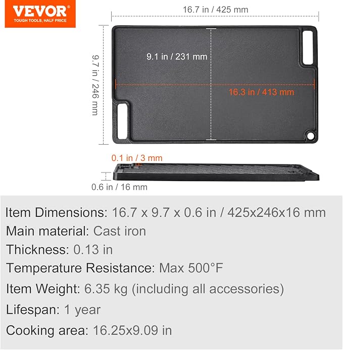 VEVOR Reversible Grill/Griddle, 17x10'' Pre-Seasoned Cast Iron Griddle - Image 7
