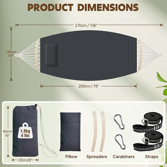 Hammock in Dark Grey Cotton with Spreader Bars, 106 x 59 Inch