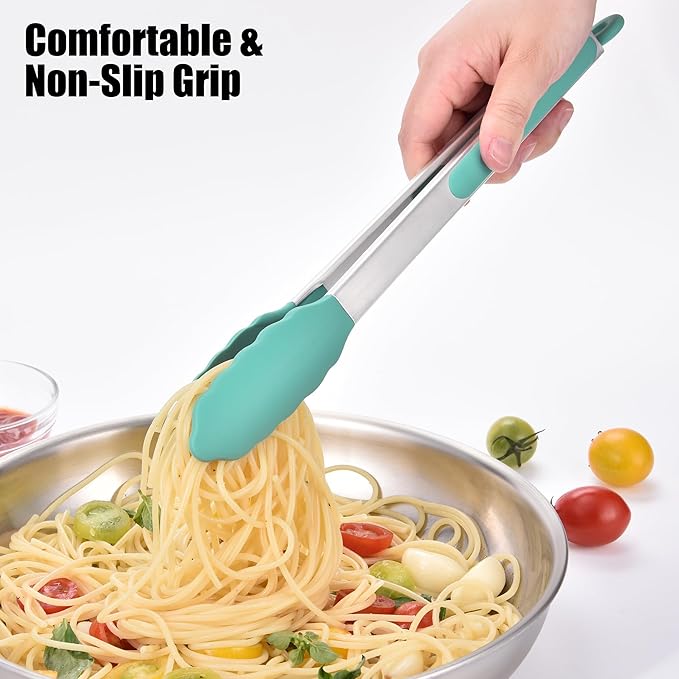 Stainless Steel Locking Kitchen Tongs with Silicone Tips, Aqua Sky