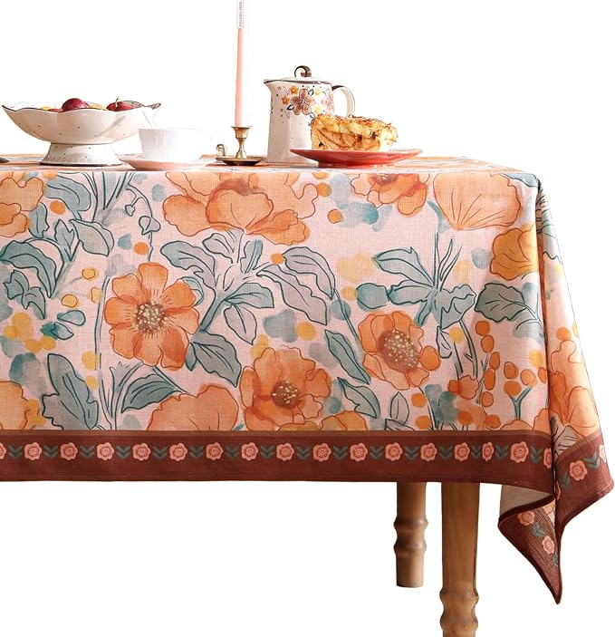 Vintage Linen Square Tablecloth, Italian Orange Floral Soft and Wrinkle by bilingaier