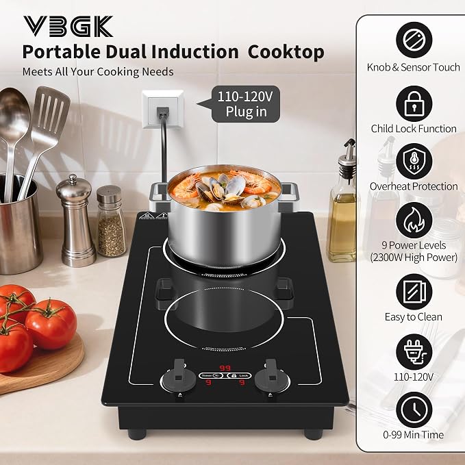 VBGK Induction Cooktop, 110V 2300W 2 burner hot plate - Image 2