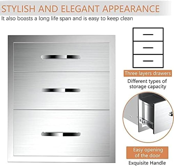 BBQ Outdoor Kitchen Drawers Stainless Steel 3-Drawer Enclosed Built-in Flush - Image 6