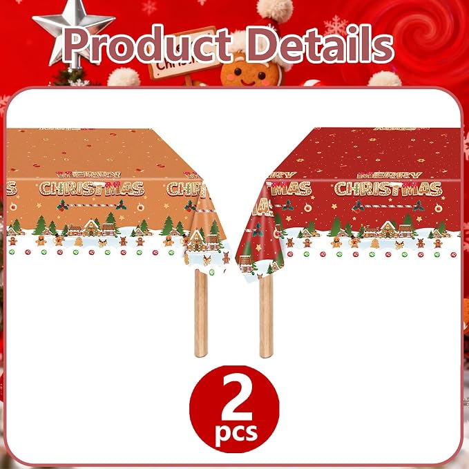 Merry Christmas Party Table Cloth Decorations Red Orange Gingerbread Plastic - Image 9
