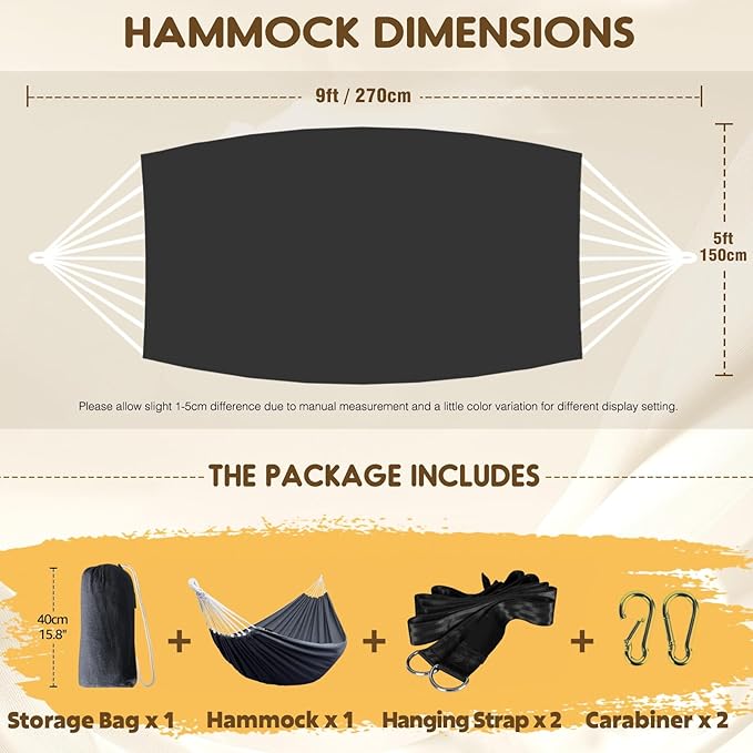Hammock in Dark Grey Cotton with 660 lb Capacity and Anti-Rollover Design
