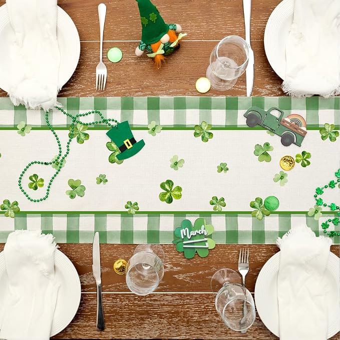 GEEORY St. Patrick's Day Table Runner 13 x 90 Inch, Shamrocks Plaid Mason Jar - Image 3