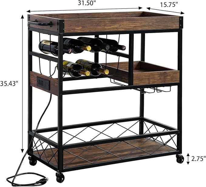 Bar Cart with Power Outlet, Industrial Kitchen Serving Cart with Wine Rack & - Image 7