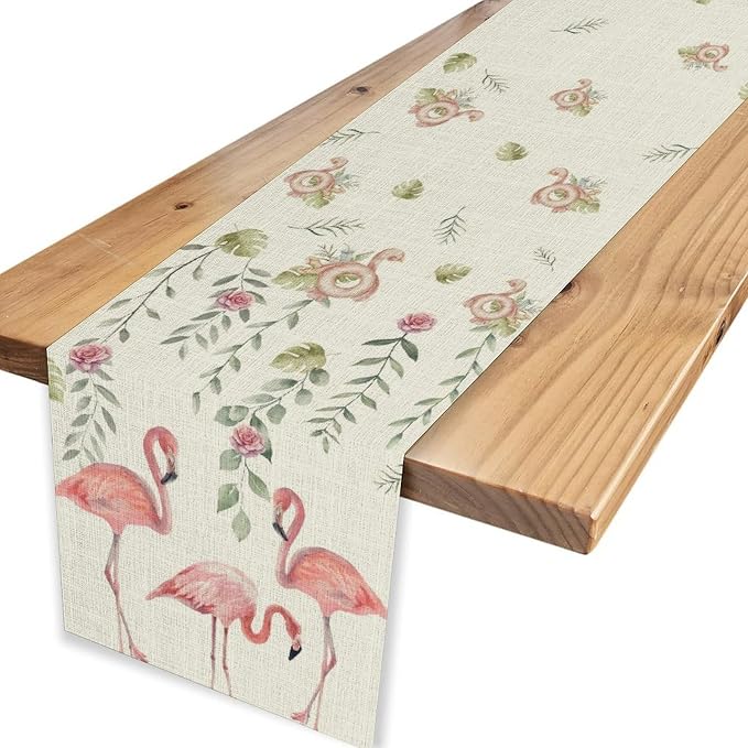 Flamingo Table Runner, Rustic Boho Grey Leaf Pink Rose Floral Tropical Bird - Image 6