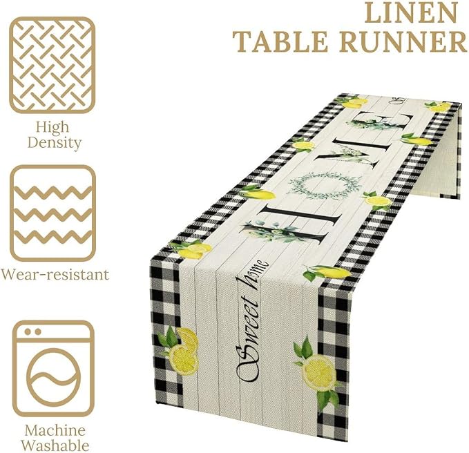 Lemon Fruit Home Table Runner, Vintage Farmhouse Rustic Black White Buffalo - Image 7