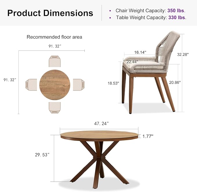 PURPLE LEAF 5 Pieces Round Dining Set Patio Aluminum Modern Oversize Round - Image 9