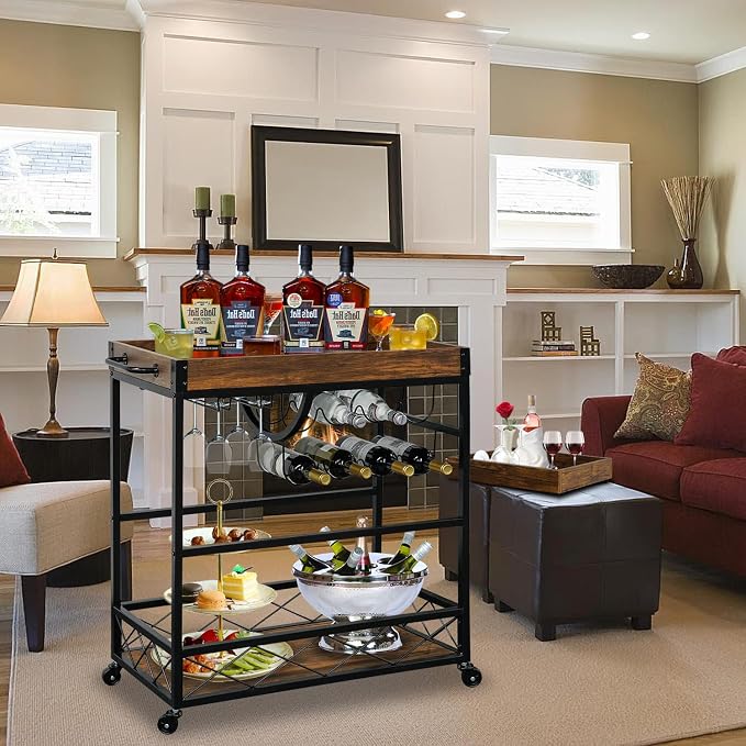 Bar Cart for The Home, 3 Tire Industrial Rolling Serving Cart on Lockable Wheels - Image 2