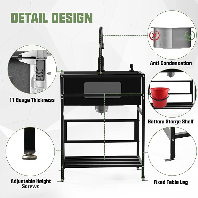Black utility sink, 25x18 Inch Stainless Steel Freestanding Laundry Sink - Image 6