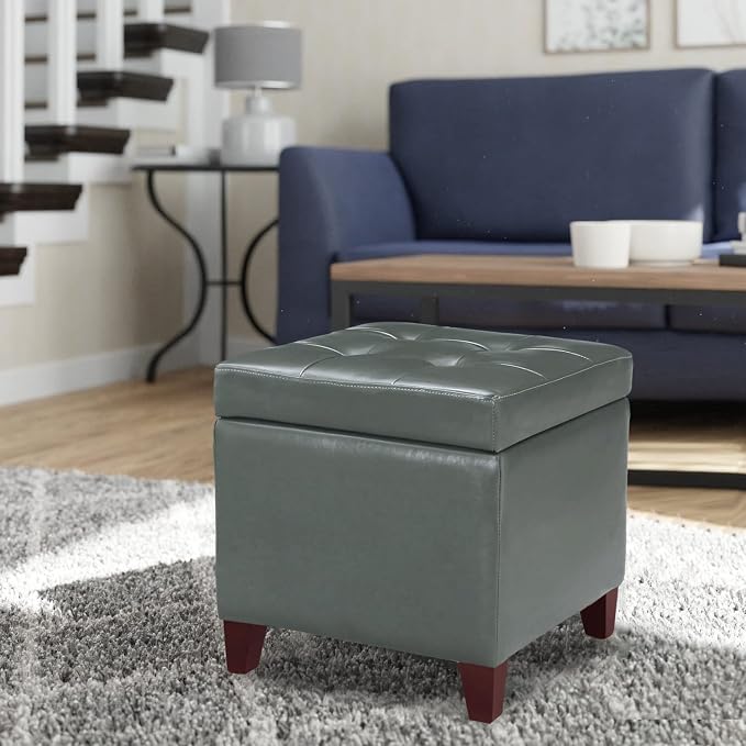Homebeez Tufted Faux Leather Storage Ottoman Square Cube Foot Rest Stool - Image 7