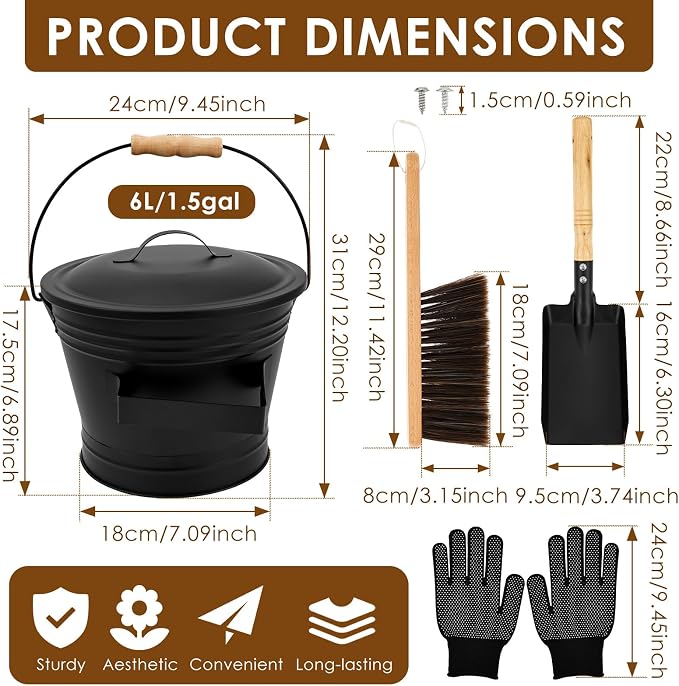 1.5 Gallon Ash Bucket with Lid and Shovel Broom Metal, Fireplace Ash Bucket - Image 2